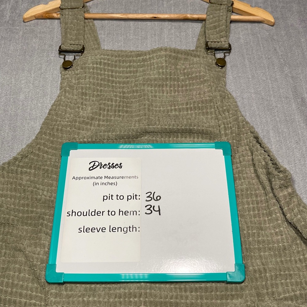 Women's Olive Taupe Waffle Knit Pinafore Dress Mini Overall Style Size L Pockets - Picture 5 of 8
